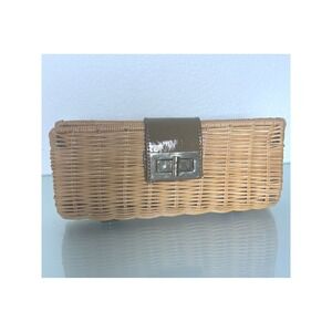 J Crew Wicker Clutch Handbag Natural Woven Turn Lock Patent Leather Trim
